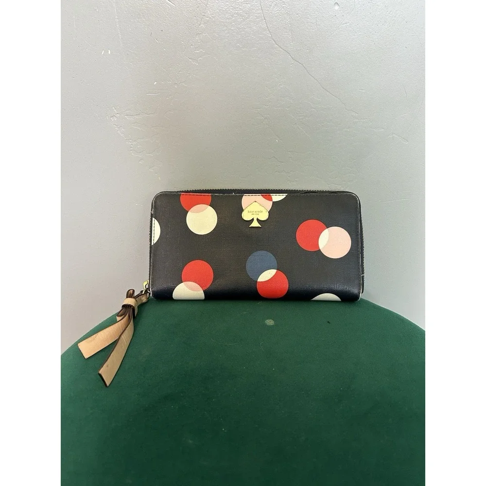 Kate Spade New York Multicolor Red/Blue/Pink/White Polka Dot Leather Zip Wallet